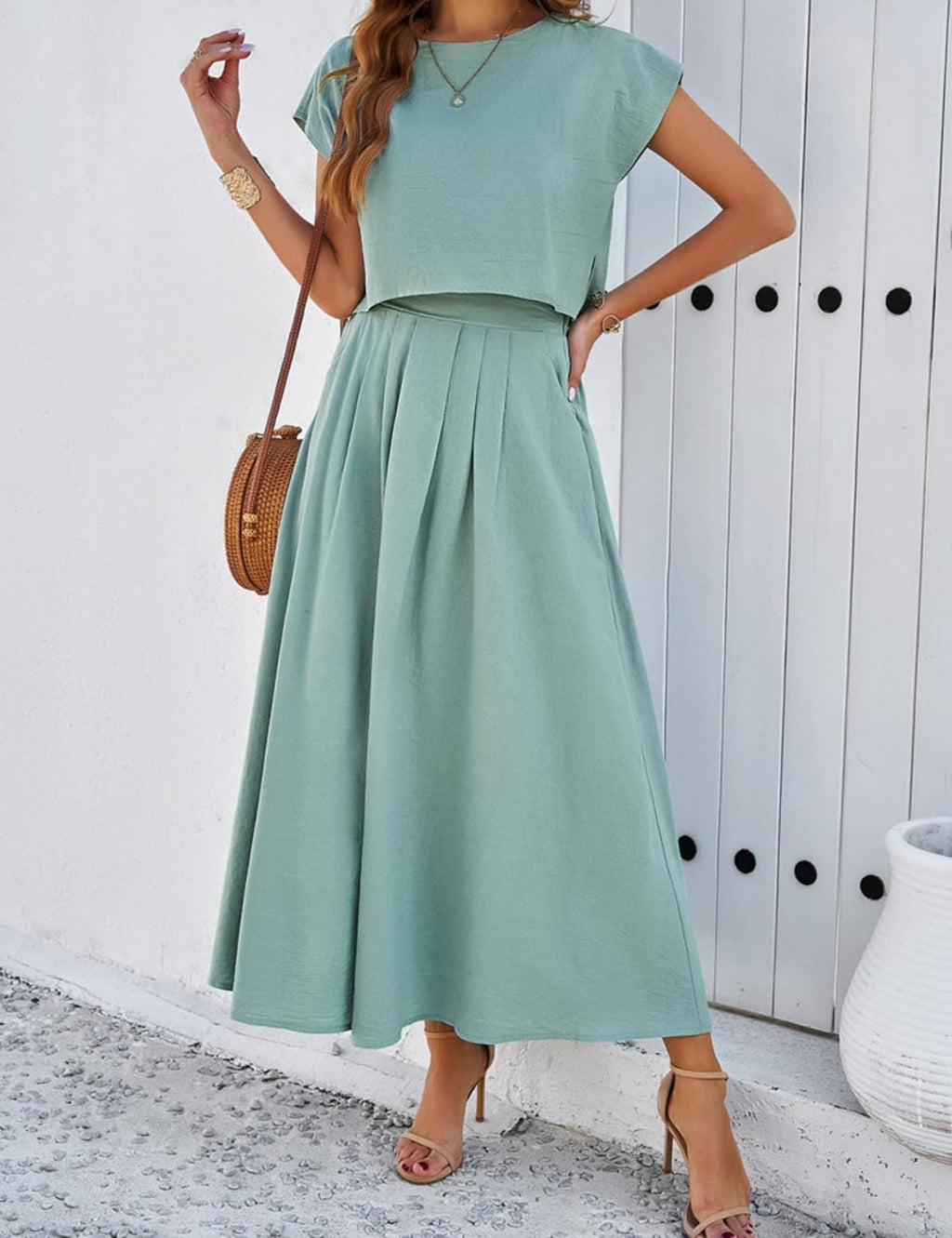 2025 Summer Skirt Sets Women 2 Piece Outfits Cap Sleeve Top Elastic Waist Maxi Dress Sets with Pockets