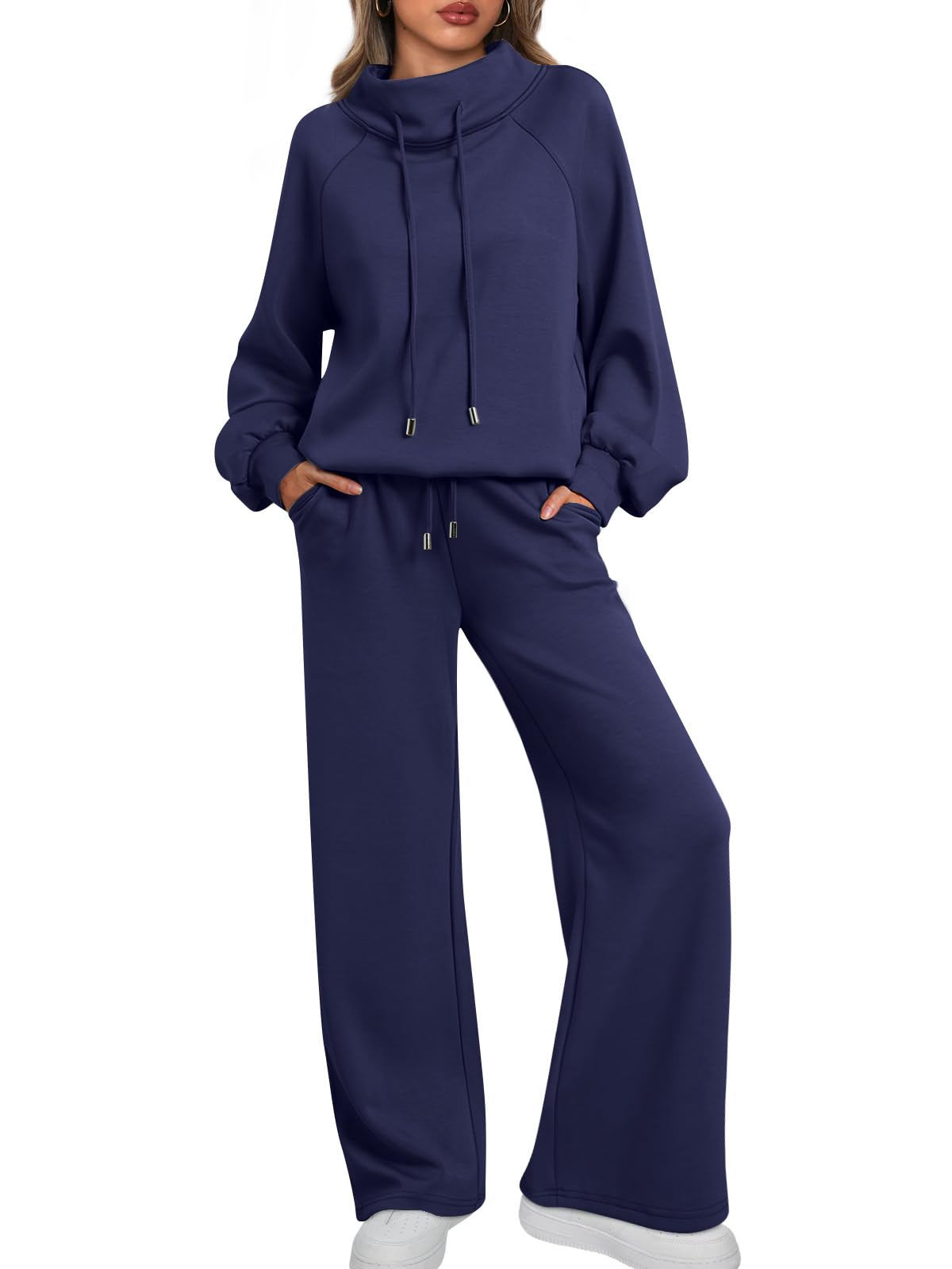 Women's Oversized Two-Piece Round Neck Drawstring Sweatshirt Wide Leg Sweatpants Casual Suit