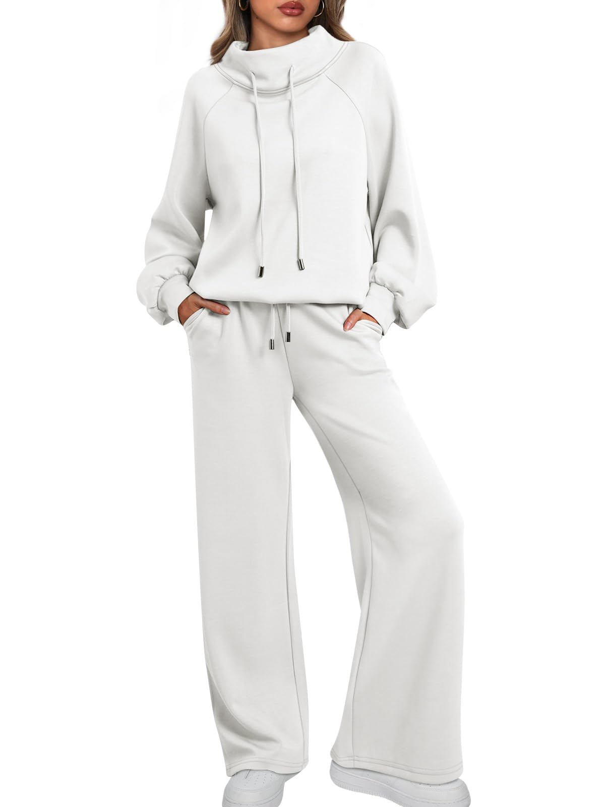 Women's Oversized Two-Piece Round Neck Drawstring Sweatshirt Wide Leg Sweatpants Casual Suit