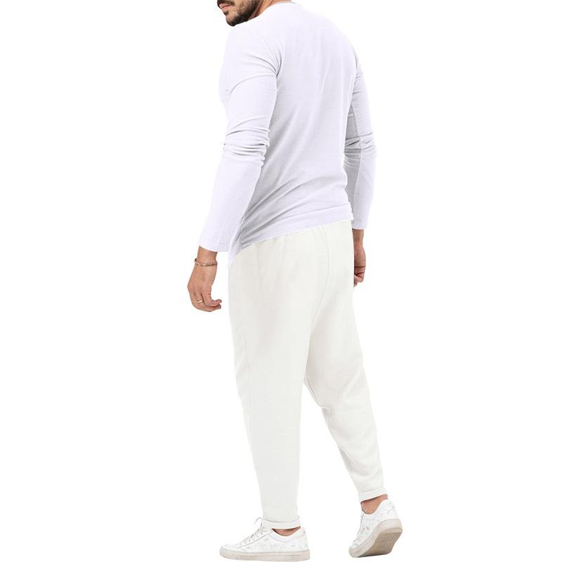 Men's Solid Color Casual Long Sleeve Henley T-Shirt Trouser Set 72706978X