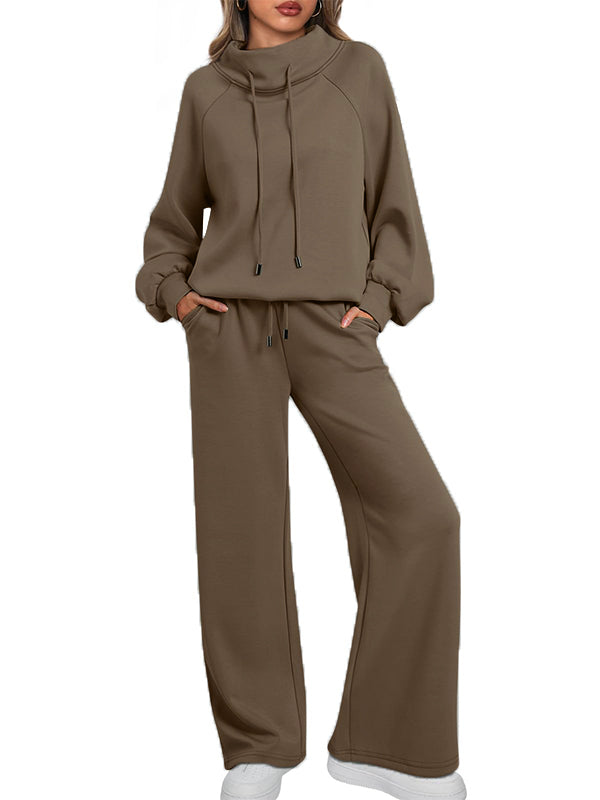 Women's Oversized Two-Piece Round Neck Drawstring Sweatshirt Wide Leg Sweatpants Casual Suit