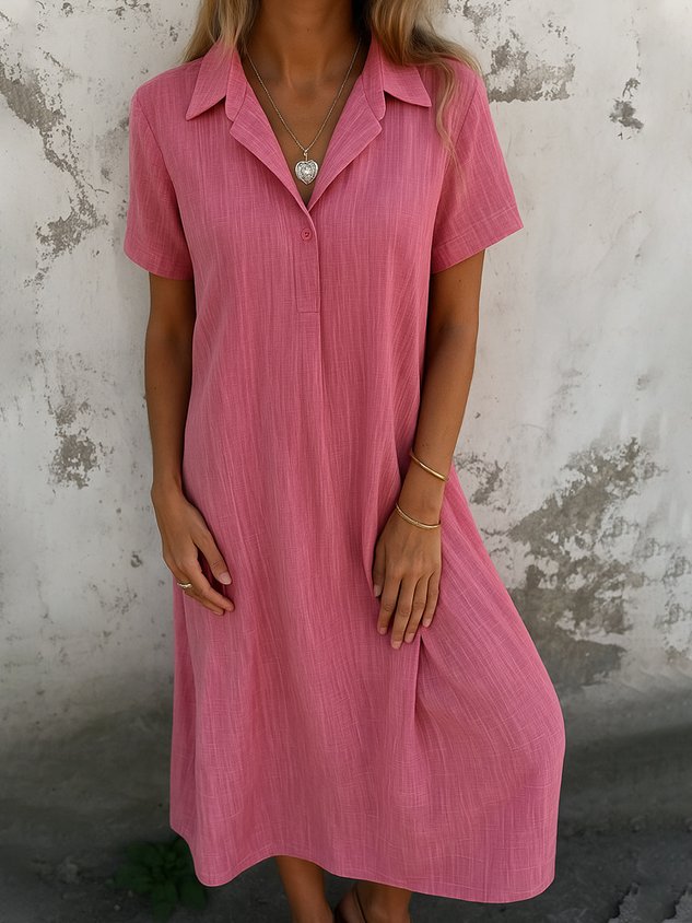 Women Plain Short Sleeve Summer Dress Shirt Collar Daily Casual Maxi A-Line Dress(Buy 2 Free Shipping)