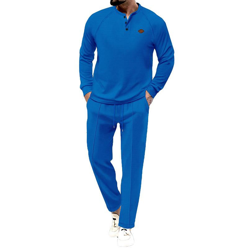 Men's Solid Color Waffle Henley Long Sleeve Pants Set 12318633Y
