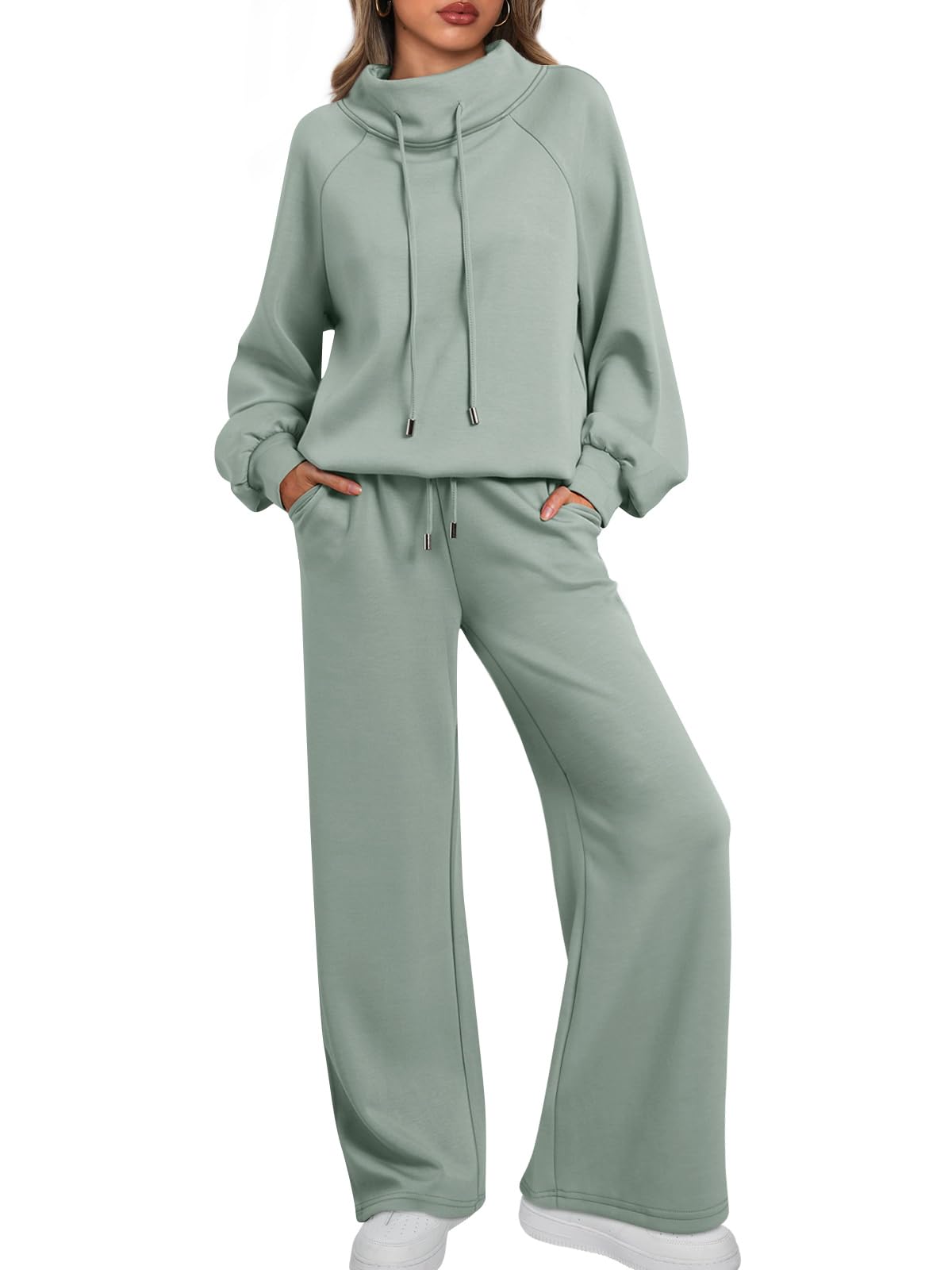 Women's Oversized Two-Piece Round Neck Drawstring Sweatshirt Wide Leg Sweatpants Casual Suit