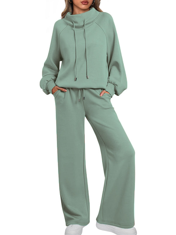Women's Oversized Two-Piece Round Neck Drawstring Sweatshirt Wide Leg Sweatpants Casual Suit