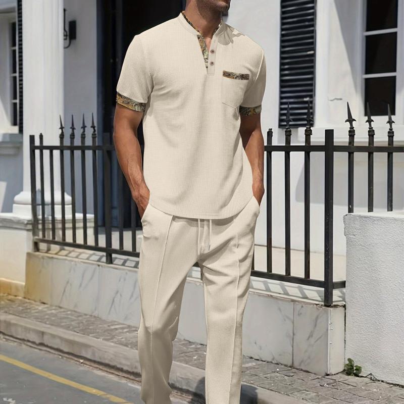 Men's Waffle Colorblock Short Sleeve T-Shirt and Pants Set 95966894Y