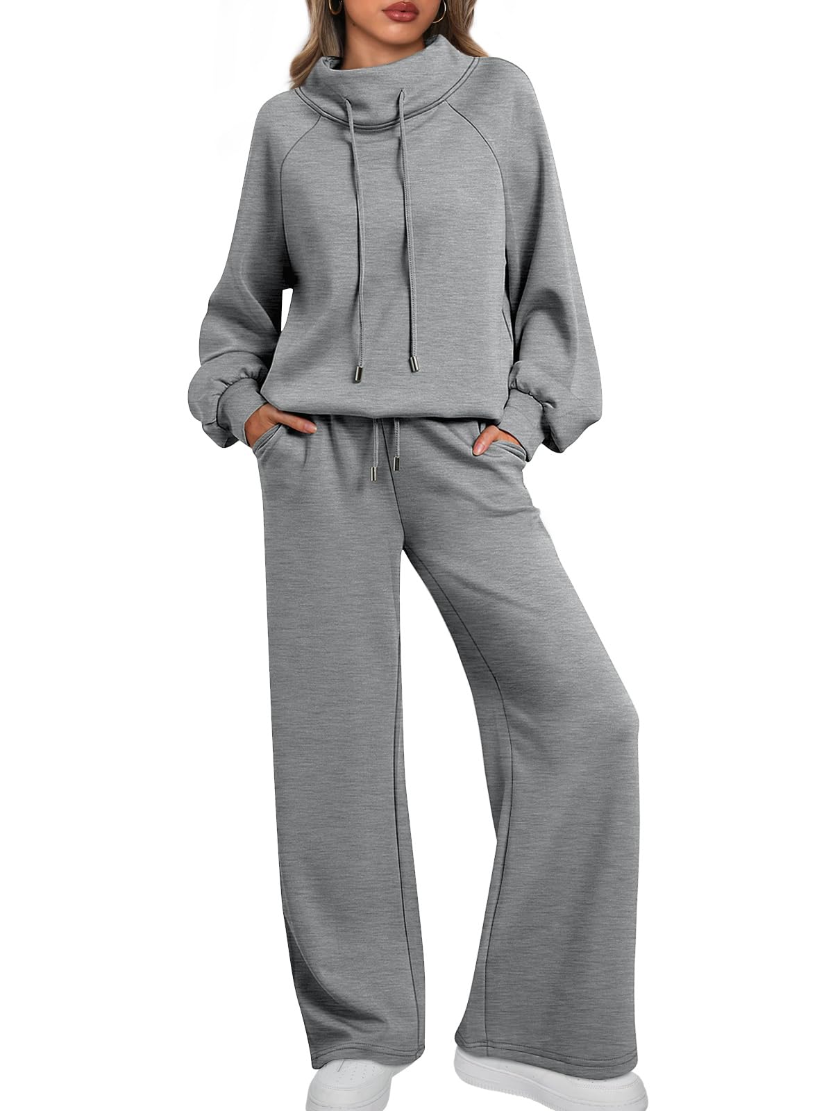 Women's Oversized Two-Piece Round Neck Drawstring Sweatshirt Wide Leg Sweatpants Casual Suit