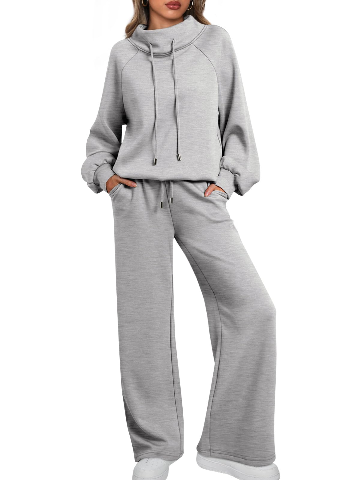 Women's Oversized Two-Piece Round Neck Drawstring Sweatshirt Wide Leg Sweatpants Casual Suit