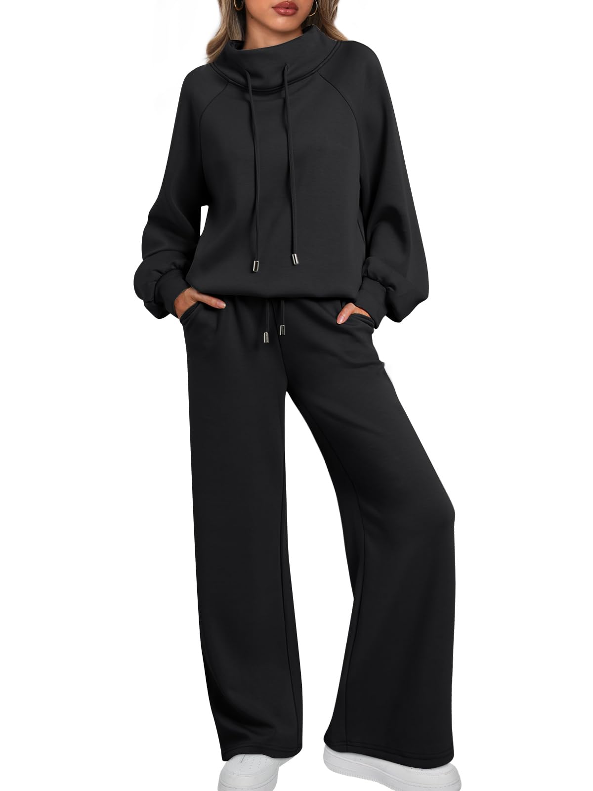 Women's Oversized Two-Piece Round Neck Drawstring Sweatshirt Wide Leg Sweatpants Casual Suit