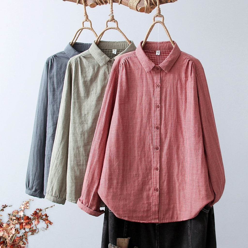 2025 New Women's Linen Cotton Casual Loose Stripe Shirt-Buy 3 Get Free Shipping