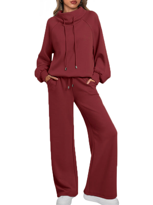 Women's Oversized Two-Piece Round Neck Drawstring Sweatshirt Wide Leg Sweatpants Casual Suit