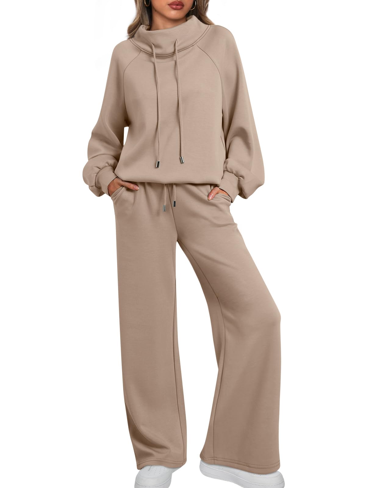 Women's Oversized Two-Piece Round Neck Drawstring Sweatshirt Wide Leg Sweatpants Casual Suit